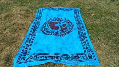 OM Hindu Gayatri Mantra Natural Multi-ColorTie-Dyed Handprinted CottonTapestry,Spiritual Wall Hanging,Zen Meditation,Celestial Yoga Tapestry