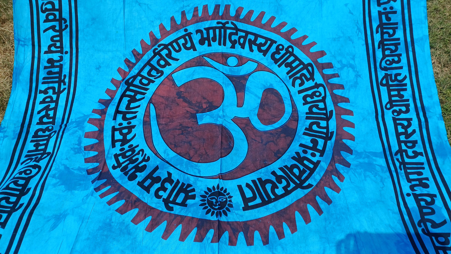OM Hindu Gayatri Mantra Natural Multi-ColorTie-Dyed Handprinted CottonTapestry,Spiritual Wall Hanging,Zen Meditation,Celestial Yoga Tapestry