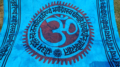 OM Hindu Gayatri Mantra Natural Multi-ColorTie-Dyed Handprinted CottonTapestry,Spiritual Wall Hanging,Zen Meditation,Celestial Yoga Tapestry