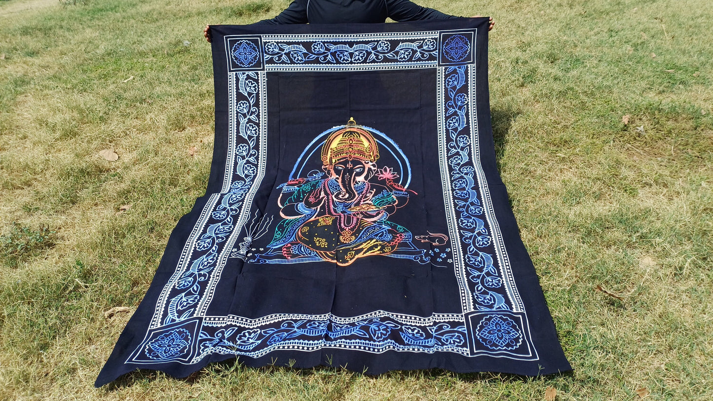 Natural Multi-Color Hindu God Lord Ganesh Tie-Dye Handprinted Cotton Cloth Wall Tapestry,Spiritual Wall Hanging,Zen Yoga Meditation Tapestry