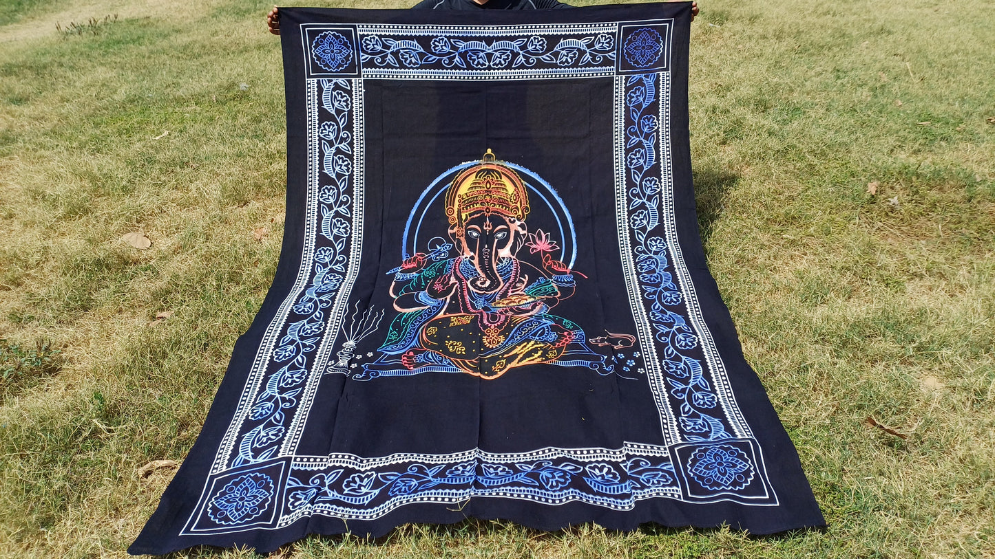 Natural Multi-Color Hindu God Lord Ganesh Tie-Dye Handprinted Cotton Cloth Wall Tapestry,Spiritual Wall Hanging,Zen Yoga Meditation Tapestry