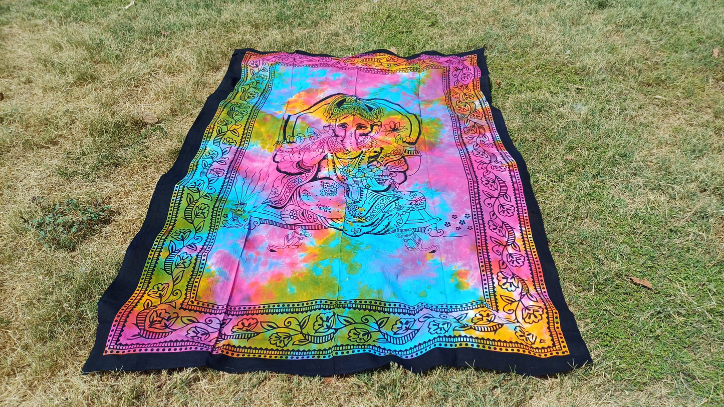 Natural Multi-Color Hindu God Lord Ganesh Tie-Dye Handprinted Cotton Cloth Wall Tapestry,Spiritual Wall Hanging,Zen Yoga Meditation Tapestry