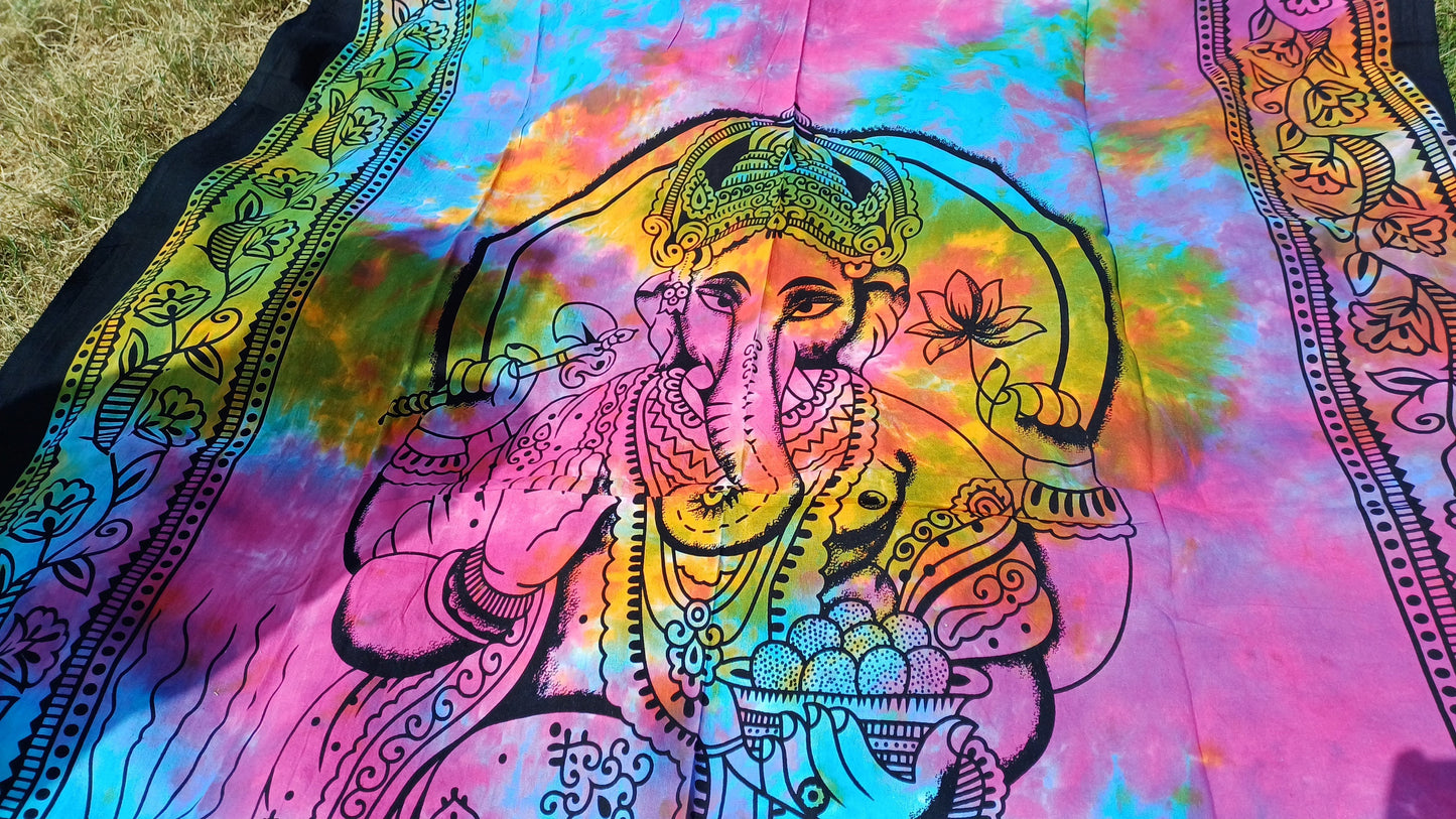 Natural Multi-Color Hindu God Lord Ganesh Tie-Dye Handprinted Cotton Cloth Wall Tapestry,Spiritual Wall Hanging,Zen Yoga Meditation Tapestry