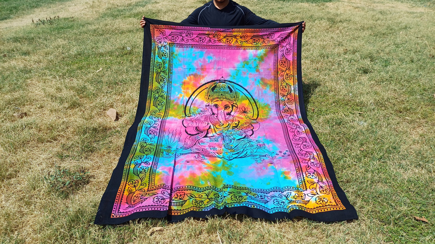 Natural Multi-Color Hindu God Lord Ganesh Tie-Dye Handprinted Cotton Cloth Wall Tapestry,Spiritual Wall Hanging,Zen Yoga Meditation Tapestry