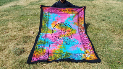 Natural Multi-Color Hindu God Lord Ganesh Tie-Dye Handprinted Cotton Cloth Wall Tapestry,Spiritual Wall Hanging,Zen Yoga Meditation Tapestry