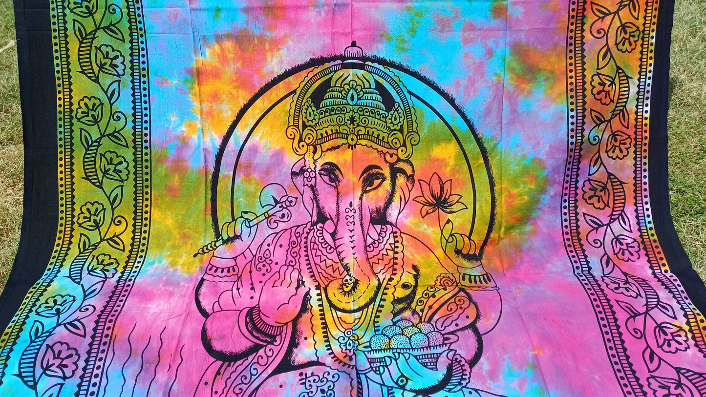 Natural Multi-Color Hindu God Lord Ganesh Tie-Dye Handprinted Cotton Cloth Wall Tapestry,Spiritual Wall Hanging,Zen Yoga Meditation Tapestry