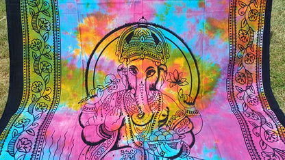 Natural Multi-Color Hindu God Lord Ganesh Tie-Dye Handprinted Cotton Cloth Wall Tapestry,Spiritual Wall Hanging,Zen Yoga Meditation Tapestry