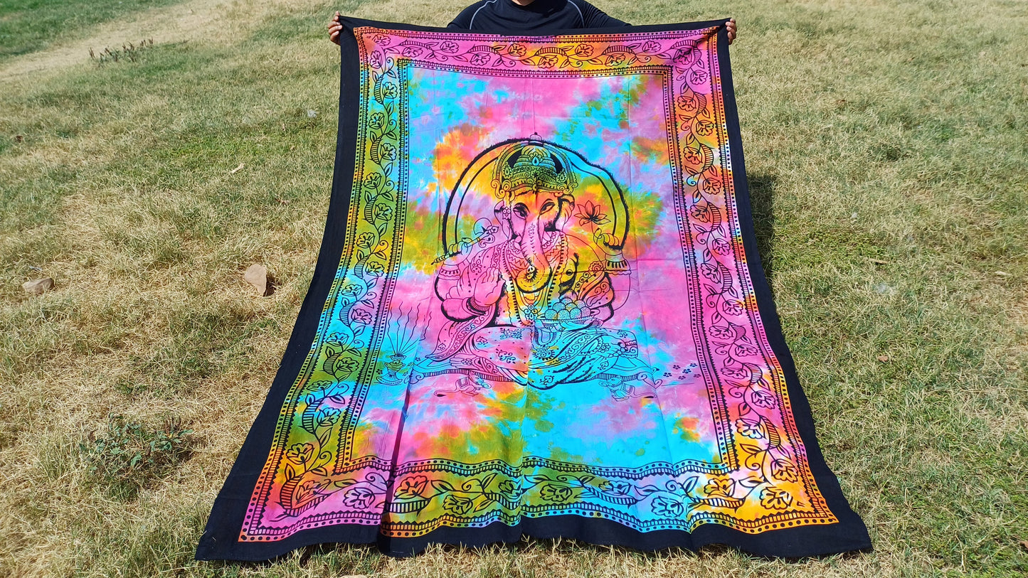 Natural Multi-Color Hindu God Lord Ganesh Tie-Dye Handprinted Cotton Cloth Wall Tapestry,Spiritual Wall Hanging,Zen Yoga Meditation Tapestry