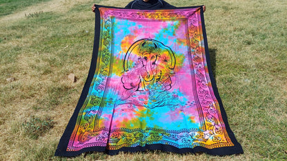 Natural Multi-Color Hindu God Lord Ganesh Tie-Dye Handprinted Cotton Cloth Wall Tapestry,Spiritual Wall Hanging,Zen Yoga Meditation Tapestry
