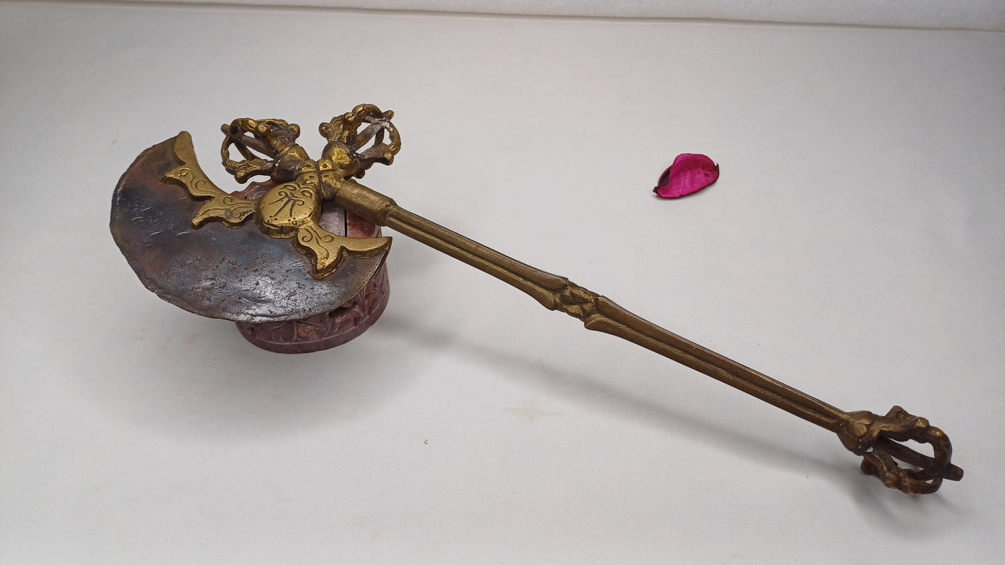Antique Rare Authentic Handmade Tibetan Buddhist Ritual Brass Prashu Vajra Dorje Axe,Sacred Tibetan Tantric  Ceremonial  Weapon Blade