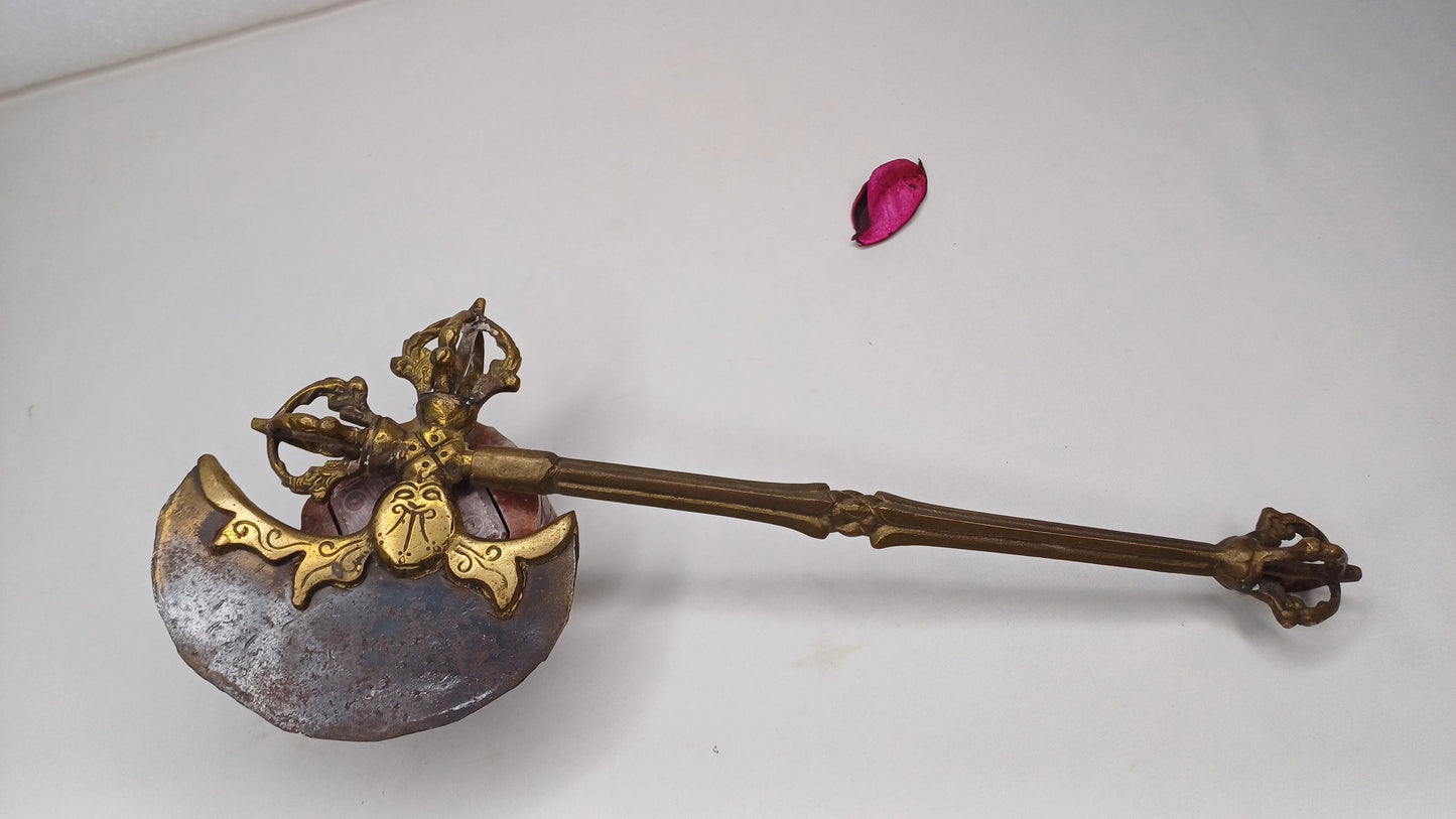 Antique Rare Authentic Handmade Tibetan Buddhist Ritual Brass Prashu Vajra Dorje Axe,Sacred Tibetan Tantric  Ceremonial  Weapon Blade