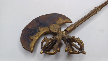 Antique Rare Authentic Handmade Tibetan Buddhist Ritual Brass Prashu Vajra Dorje Axe,Sacred Tibetan Tantric  Ceremonial  Weapon Blade
