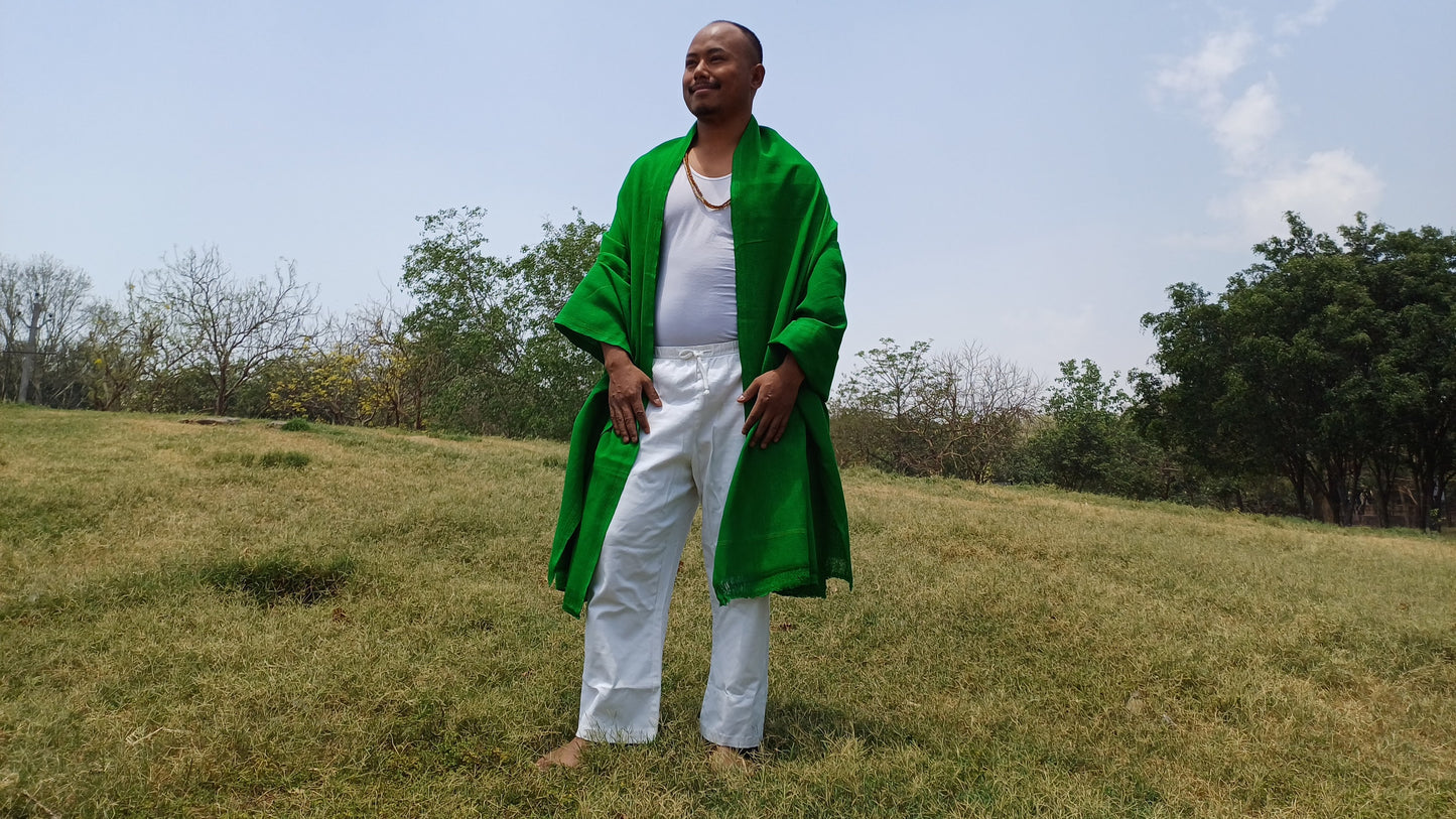 Large Traditional Handwoven GREEN Tibetan Buddhist Raw Eri Silk Meditation Shawl,Buddhist Silk Shawl,Tantric Meditation Wrap,Lama Silk Zen