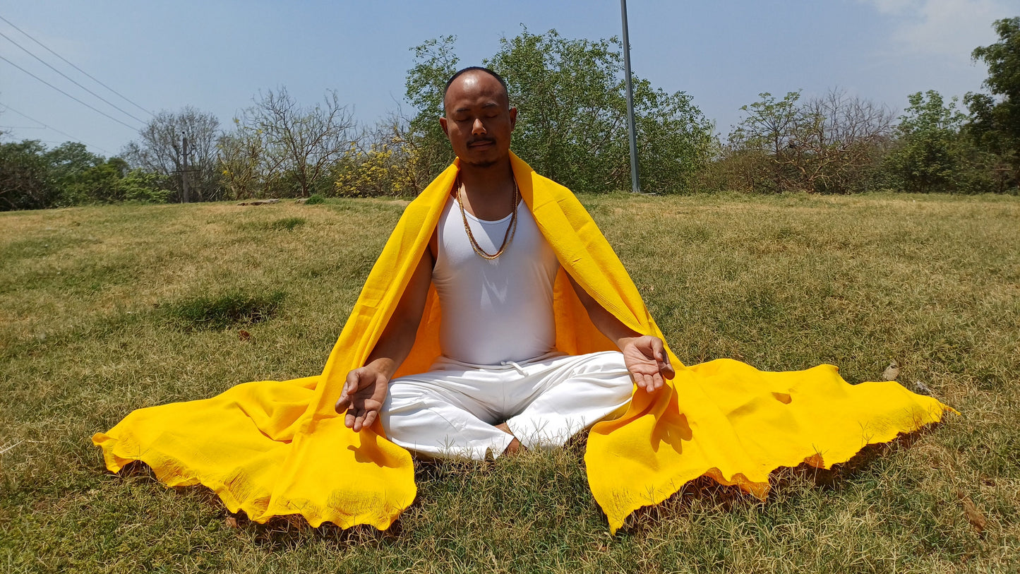 AHIMSA X-Large Traditional Handwoven Yellow Tibetan Buddhist Tantrik Raw Eri Silk Meditation Shawl,Buddhist Silk Zen,Peace Silk Prayer Wrap