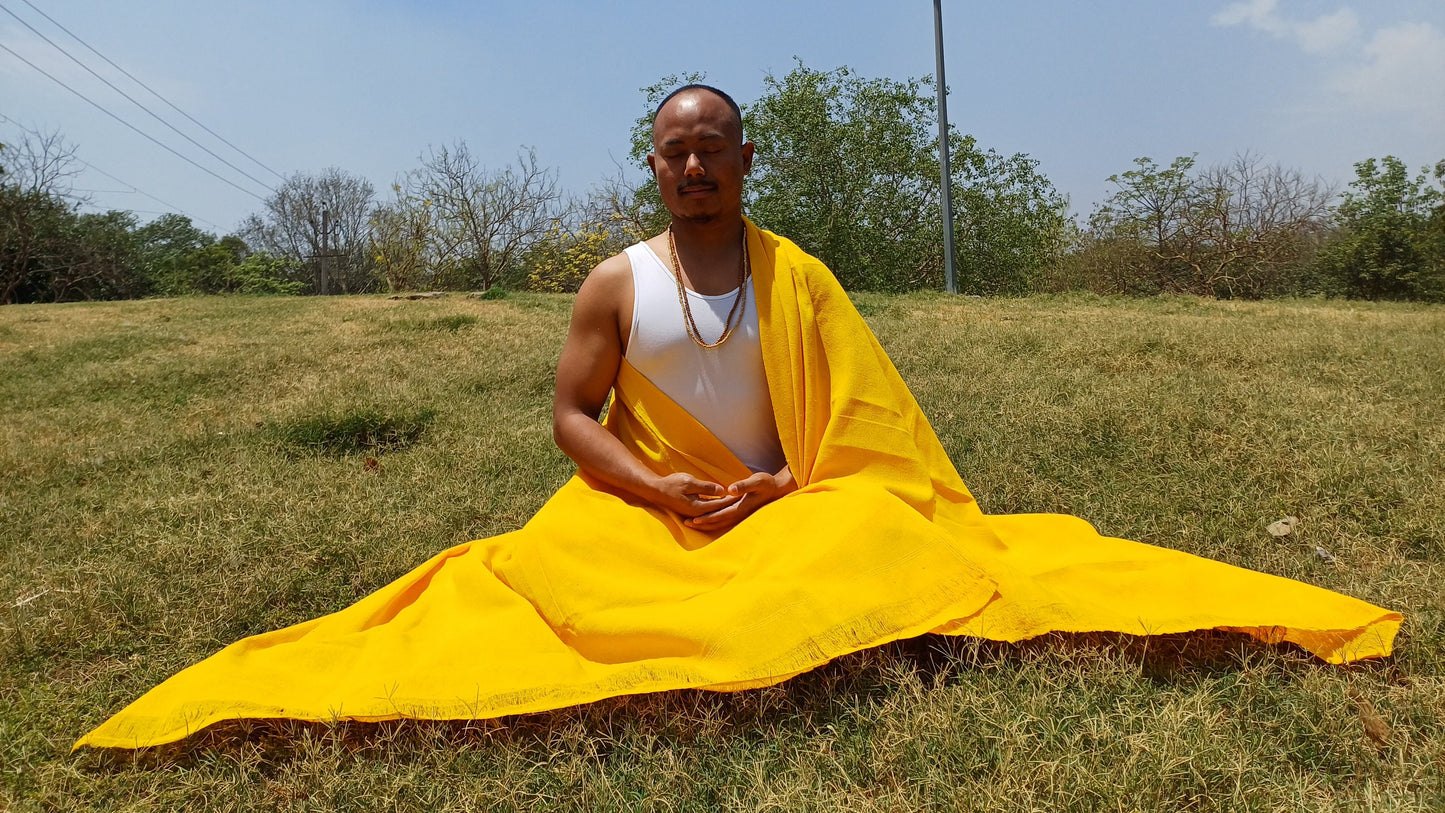 AHIMSA X-Large Traditional Handwoven Yellow Tibetan Buddhist Tantrik Raw Eri Silk Meditation Shawl,Buddhist Silk Zen,Peace Silk Prayer Wrap