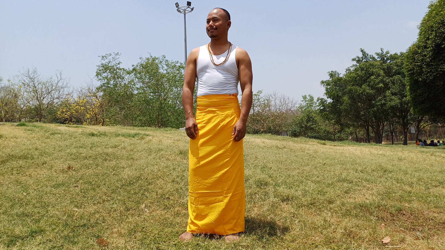 Layman Unisex Yellow Tibetan Buddhist Meditation Skirt,Half Chuba Wrap-Around Cotton Meditation Cloth,Monastry Style Spiritual Lower Robe