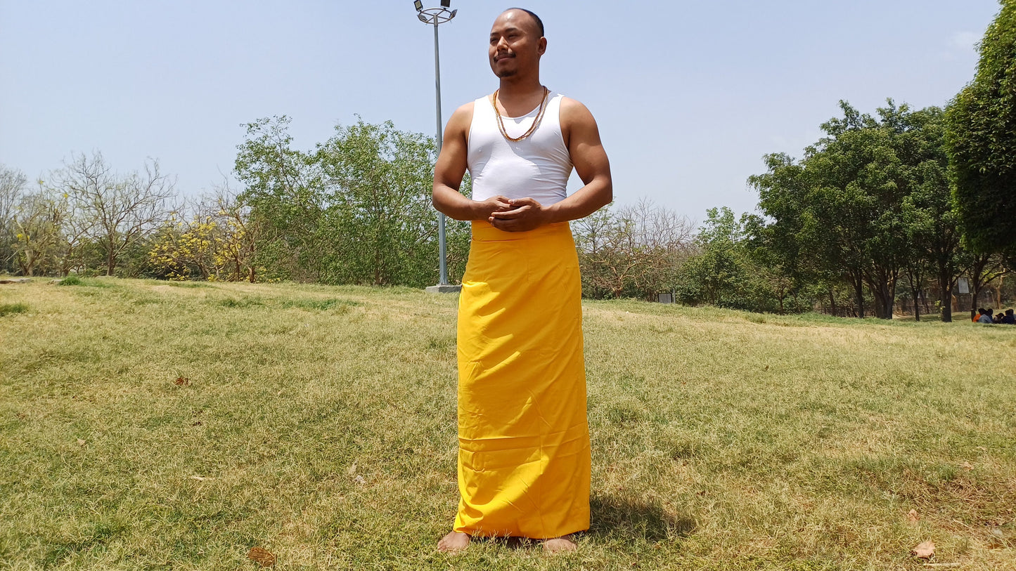 Layman Unisex Yellow Tibetan Buddhist Meditation Skirt,Half Chuba Wrap-Around Cotton Meditation Cloth,Monastry Style Spiritual Lower Robe