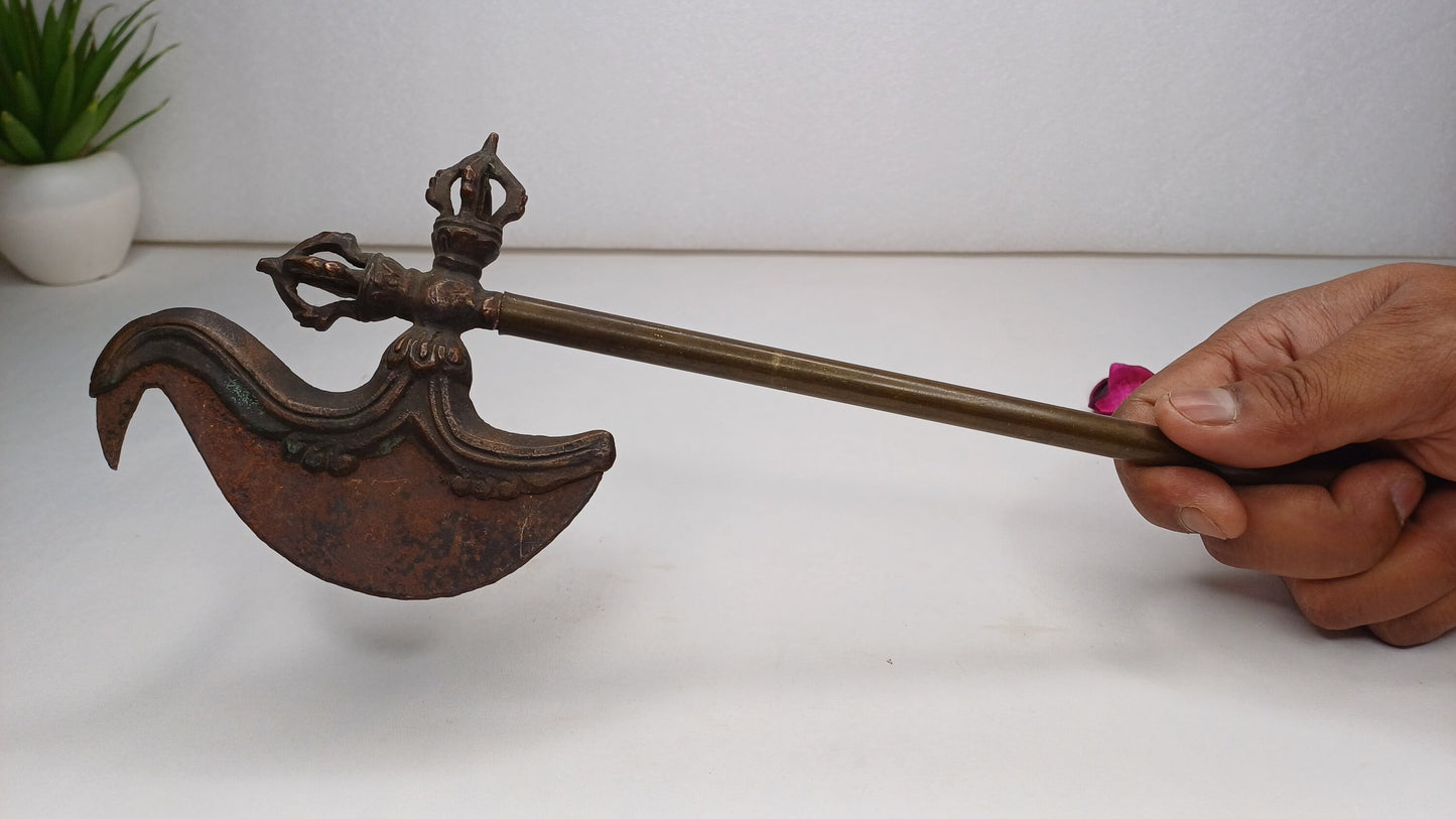 Antique Rare Authentic Buddhist Ritual Wand Khatvanga Axe With Vajra Dorje Top,Sacred Tibetan Tantric Khatvanga Ceremonial  Weapon Blade