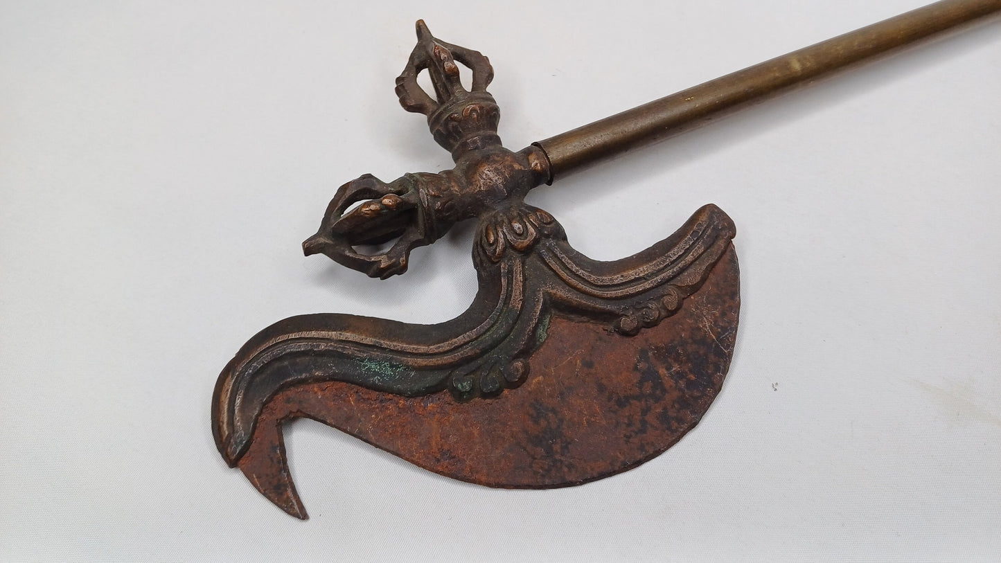 Antique Rare Authentic Buddhist Ritual Wand Khatvanga Axe With Vajra Dorje Top,Sacred Tibetan Tantric Khatvanga Ceremonial  Weapon Blade