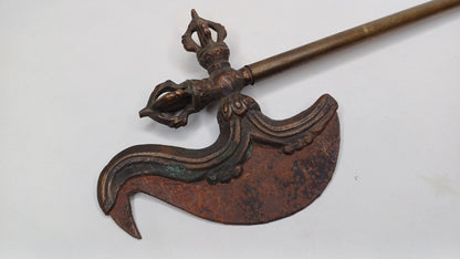 Antique Rare Authentic Buddhist Ritual Wand Khatvanga Axe With Vajra Dorje Top,Sacred Tibetan Tantric Khatvanga Ceremonial  Weapon Blade