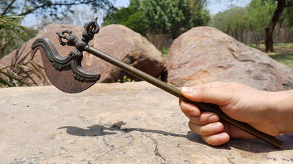 Antique Rare Authentic Buddhist Ritual Wand Khatvanga Axe With Vajra Dorje Top,Sacred Tibetan Tantric Khatvanga Ceremonial  Weapon Blade