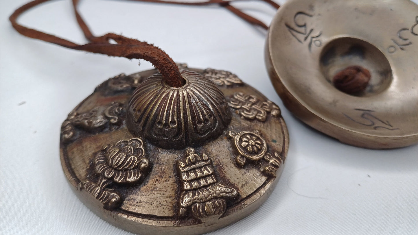 Vintage Rare Authentic 8 Auspicious Sign Carved Tibetan Tingsha Bells,Handmade Tibetan Buddhist Ritual Cymbal,Yoga Sound Healing Chimes/Tool