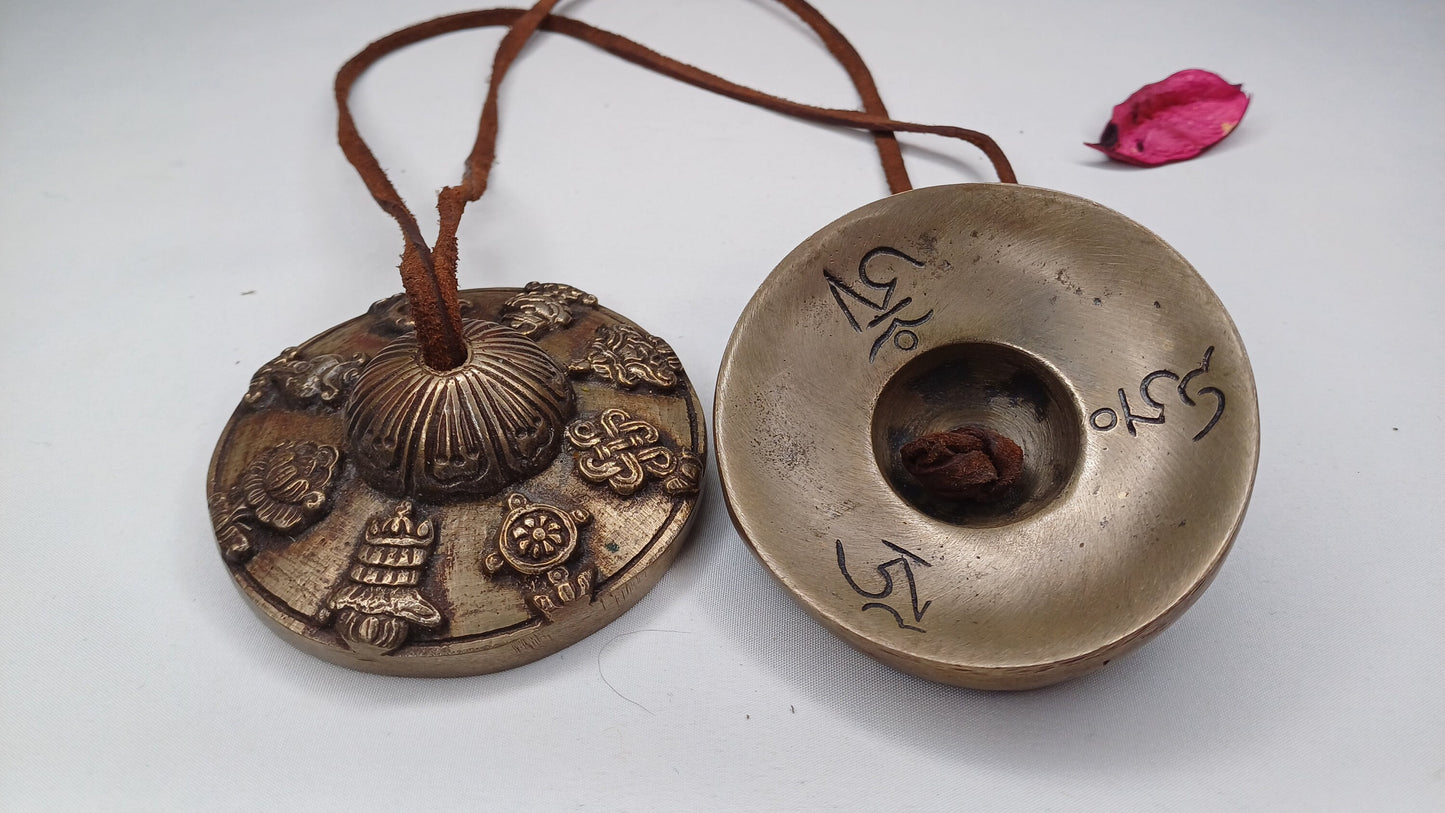 Vintage Rare Authentic 8 Auspicious Sign Carved Tibetan Tingsha Bells,Handmade Tibetan Buddhist Ritual Cymbal,Yoga Sound Healing Chimes/Tool