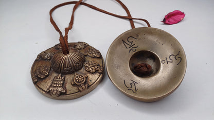 Vintage Rare Authentic 8 Auspicious Sign Carved Tibetan Tingsha Bells,Handmade Tibetan Buddhist Ritual Cymbal,Yoga Sound Healing Chimes/Tool