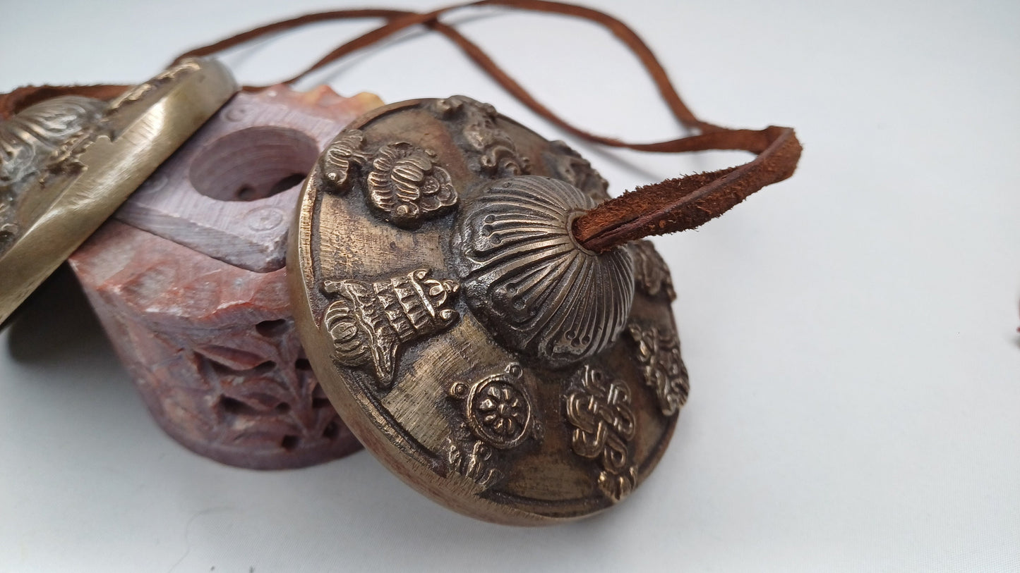 Vintage Rare Authentic 8 Auspicious Sign Carved Tibetan Tingsha Bells,Handmade Tibetan Buddhist Ritual Cymbal,Yoga Sound Healing Chimes/Tool
