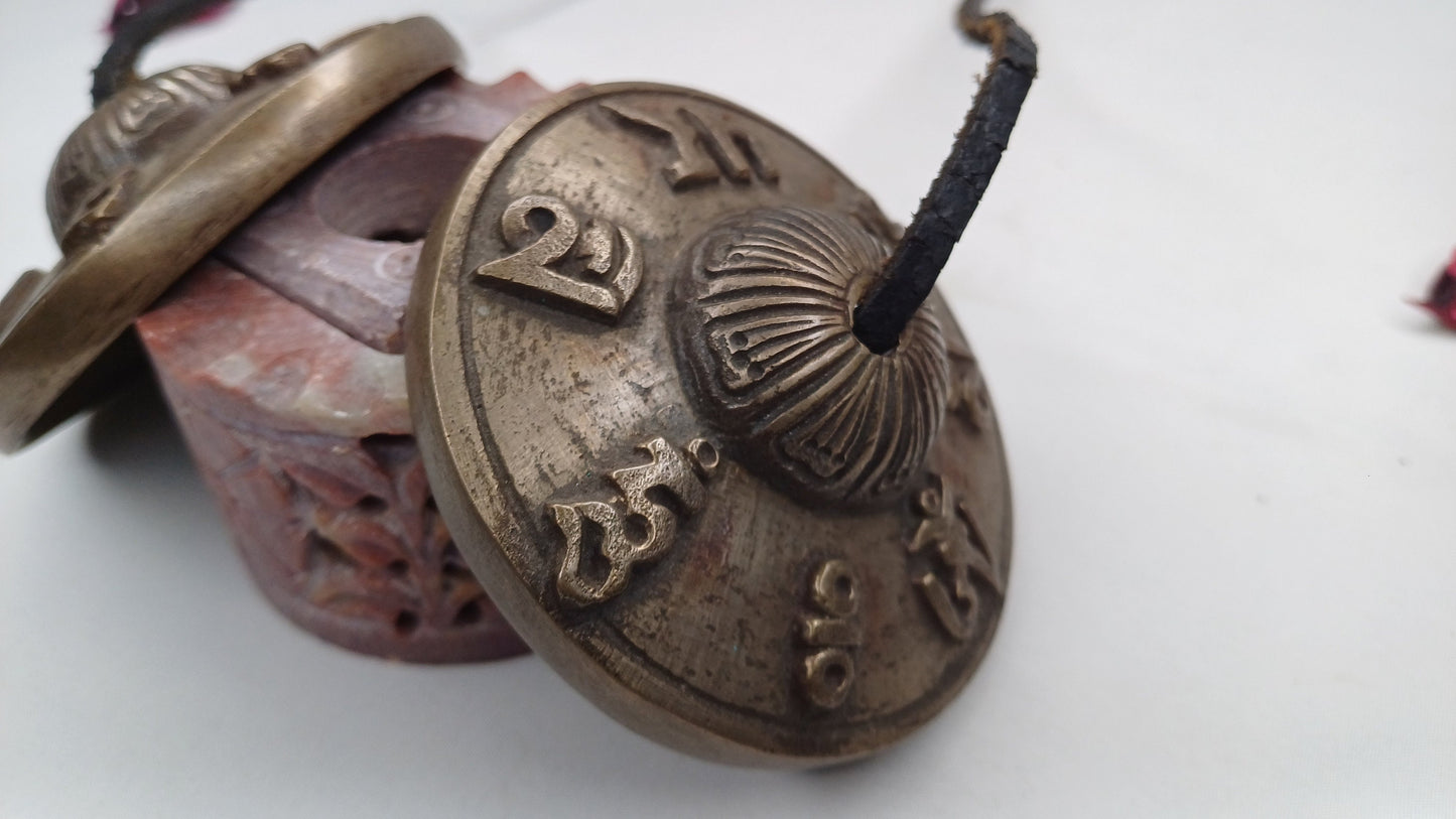 Vintage Rare Authentic Tibetan Mantra OM MANI Carved Tibetan Tingsha Bells,Handmade Tibetan Buddhist Ritual Cymbal,Yoga Sound Healing Tool