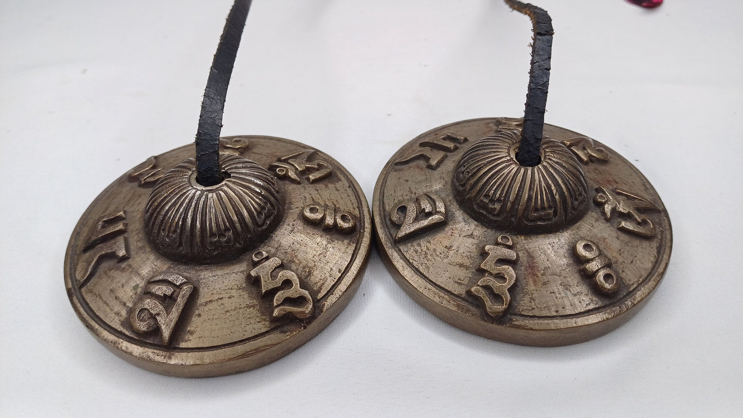 Vintage Rare Authentic Tibetan Mantra OM MANI Carved Tibetan Tingsha Bells,Handmade Tibetan Buddhist Ritual Cymbal,Yoga Sound Healing Tool