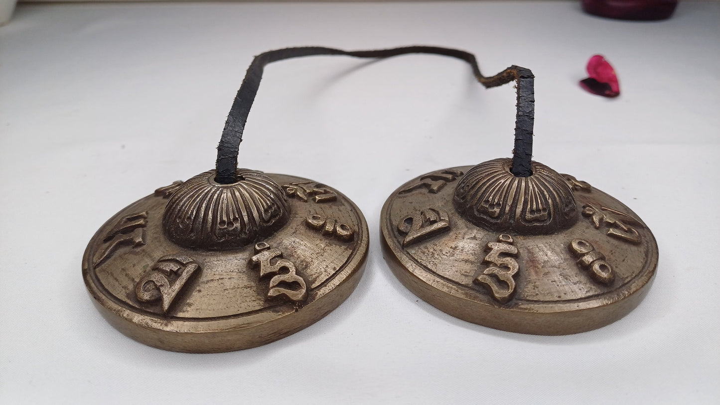 Vintage Rare Authentic Tibetan Mantra OM MANI Carved Tibetan Tingsha Bells,Handmade Tibetan Buddhist Ritual Cymbal,Yoga Sound Healing Tool