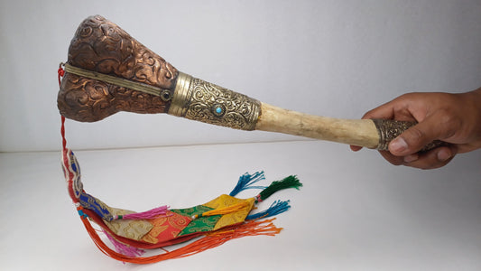 Vintage Bone Double Mahakala Hand Carved Silver Inlay Kangling Tibetan Ritual Trumpet,Used Traditional Tantrik Trumpet,Shaman  Buddhism Tool