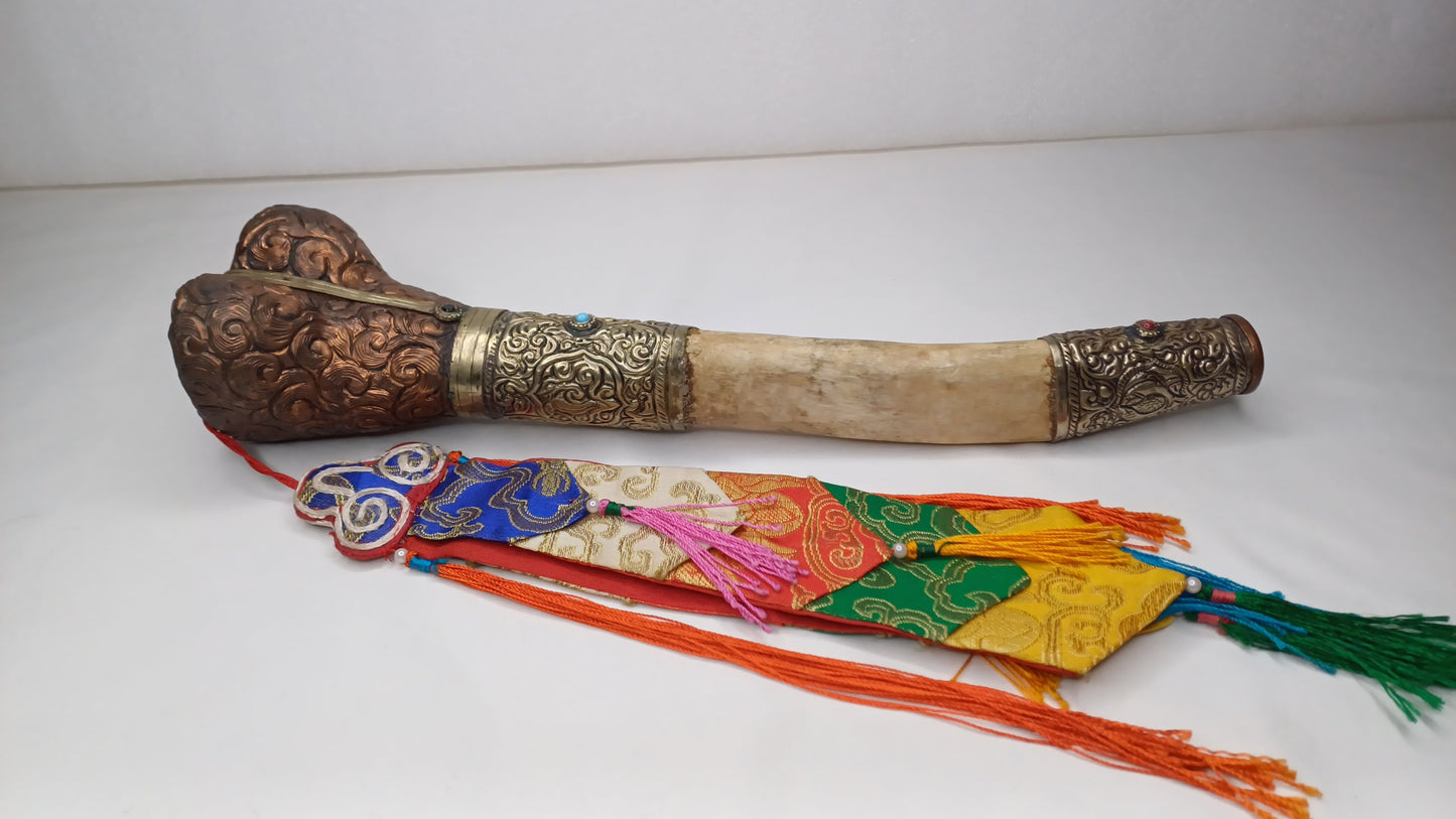 Vintage Bone Double Mahakala Hand Carved Silver Inlay Kangling Tibetan Ritual Trumpet,Used Traditional Tantrik Trumpet,Shaman  Buddhism Tool