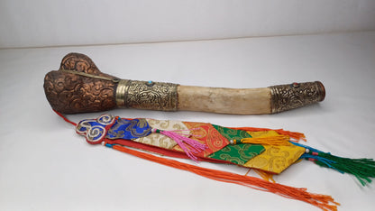 Vintage Bone Double Mahakala Hand Carved Silver Inlay Kangling Tibetan Ritual Trumpet,Used Traditional Tantrik Trumpet,Shaman  Buddhism Tool