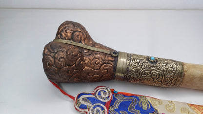 Vintage Bone Double Mahakala Hand Carved Silver Inlay Kangling Tibetan Ritual Trumpet,Used Traditional Tantrik Trumpet,Shaman  Buddhism Tool