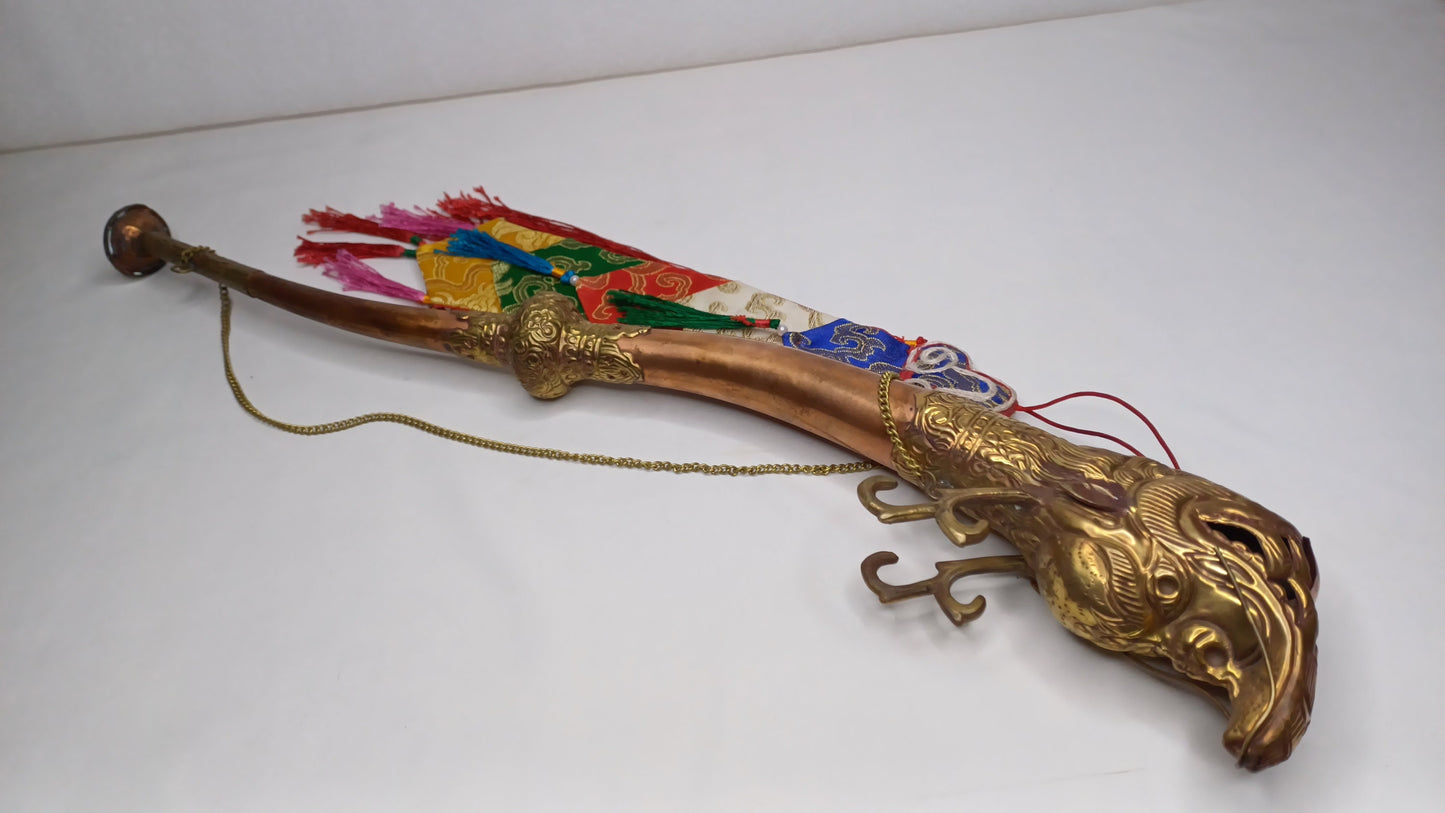 Vintage Rare Tibetan Buddhism Ritual Instrument Copper Trumpet,Sacred Buddhist Tibetan Figural Dragon Head Ceremonial Horn,Buddhist Artifact