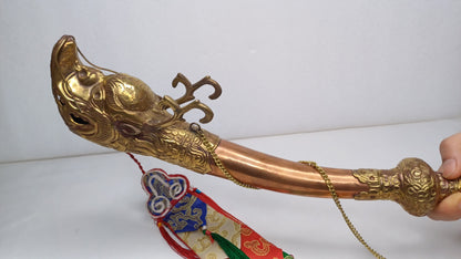 Vintage Rare Tibetan Buddhism Ritual Instrument Copper Trumpet,Sacred Buddhist Tibetan Figural Dragon Head Ceremonial Horn,Buddhist Artifact