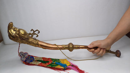 Vintage Rare Tibetan Buddhism Ritual Instrument Copper Trumpet,Sacred Buddhist Tibetan Figural Dragon Head Ceremonial Horn,Buddhist Artifact