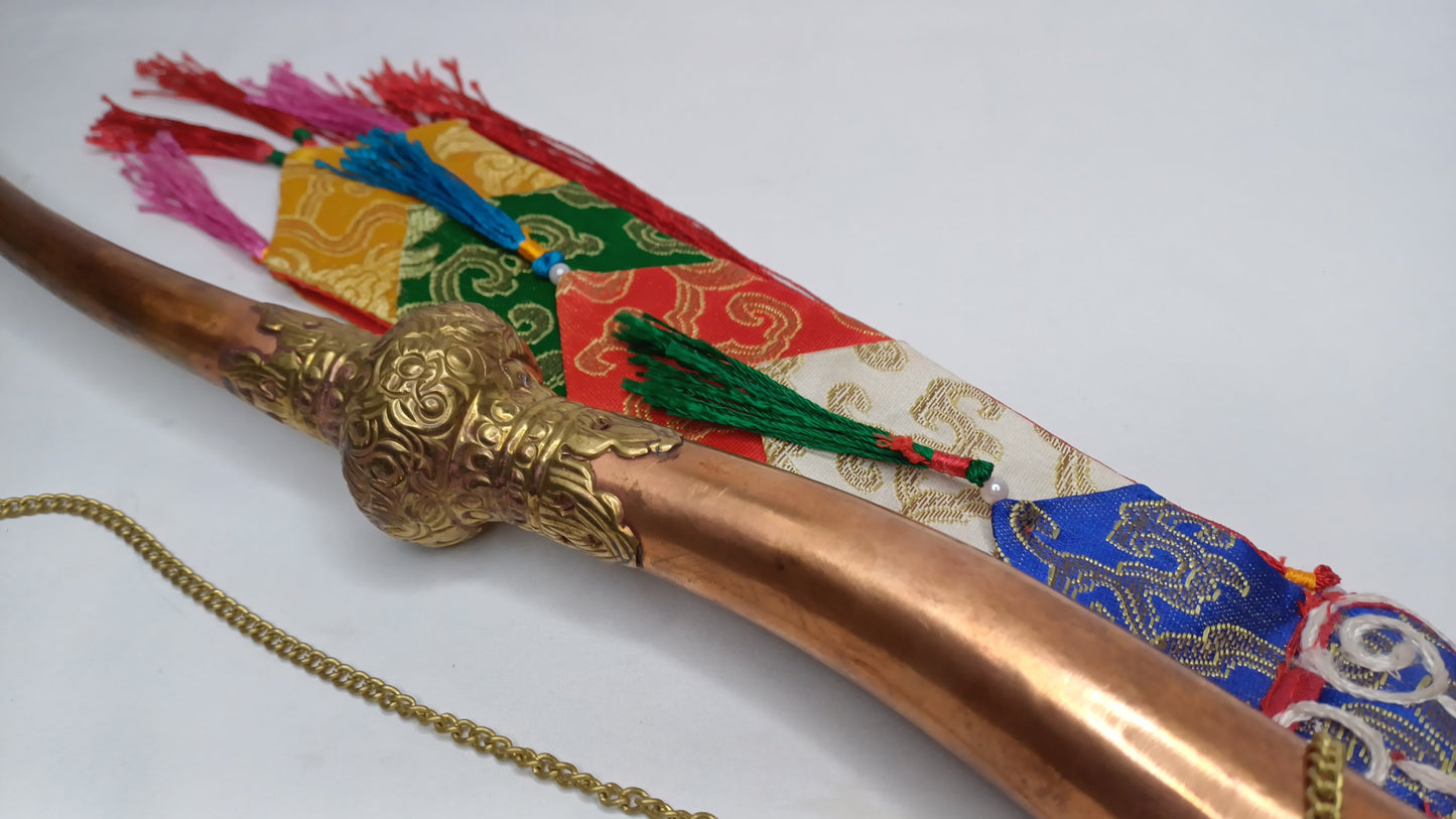 Vintage Rare Tibetan Buddhism Ritual Instrument Copper Trumpet,Sacred Buddhist Tibetan Figural Dragon Head Ceremonial Horn,Buddhist Artifact