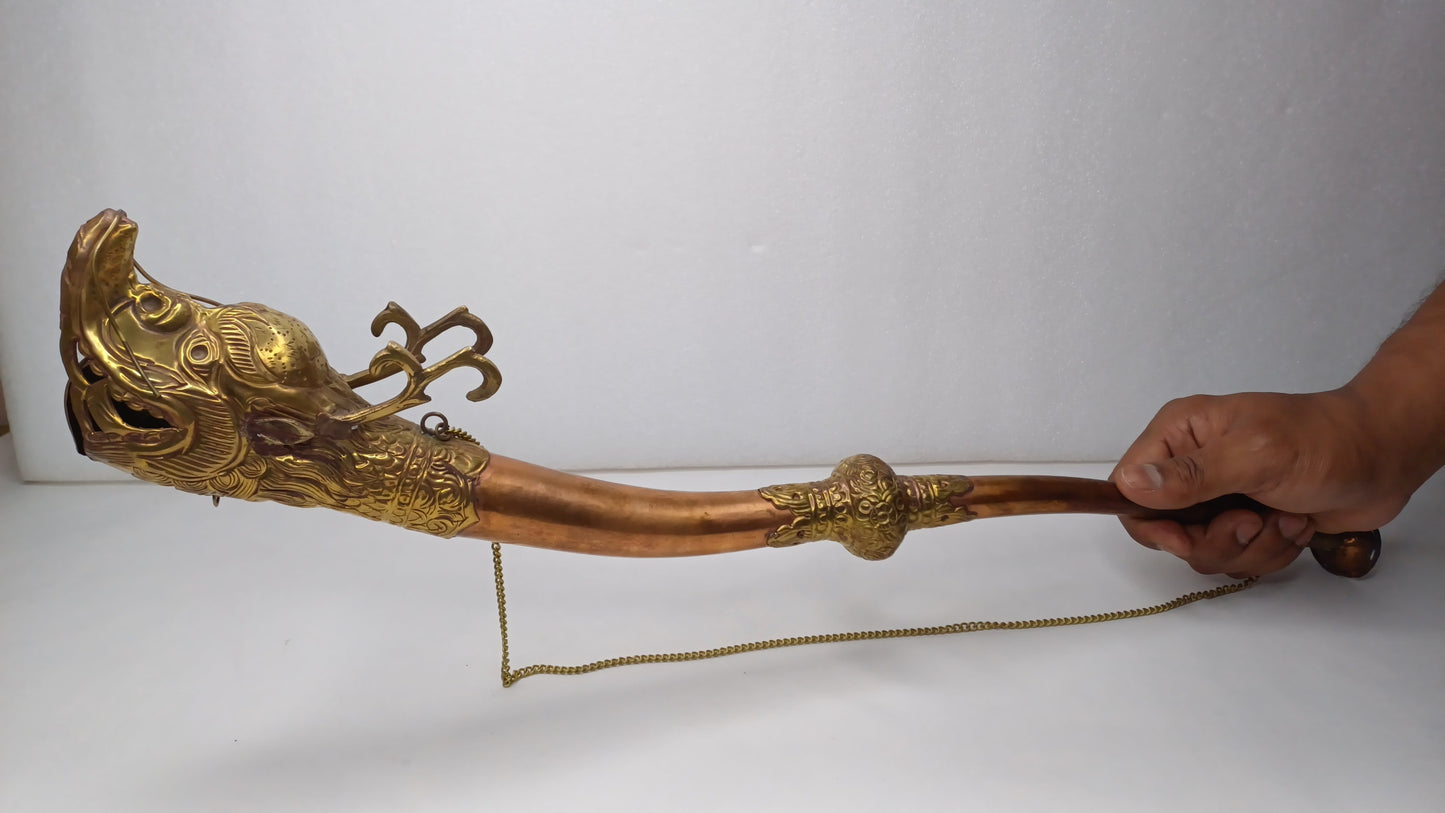 Vintage Rare Tibetan Buddhism Ritual Instrument Copper Trumpet,Sacred Buddhist Tibetan Figural Dragon Head Ceremonial Horn,Buddhist Artifact
