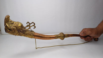 Vintage Rare Tibetan Buddhism Ritual Instrument Copper Trumpet,Sacred Buddhist Tibetan Figural Dragon Head Ceremonial Horn,Buddhist Artifact