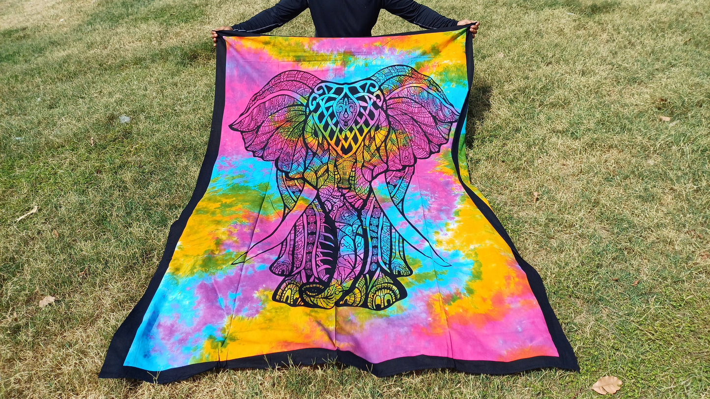 100% Cotton Mulit-Color Hand Printed Tie Dye Wall Hanging Elephant Tapestry,Spiritual Meditation Wild Tapestry,Nature Art,Elephan decor