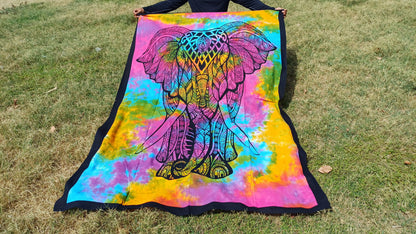 100% Cotton Mulit-Color Hand Printed Tie Dye Wall Hanging Elephant Tapestry,Spiritual Meditation Wild Tapestry,Nature Art,Elephan decor