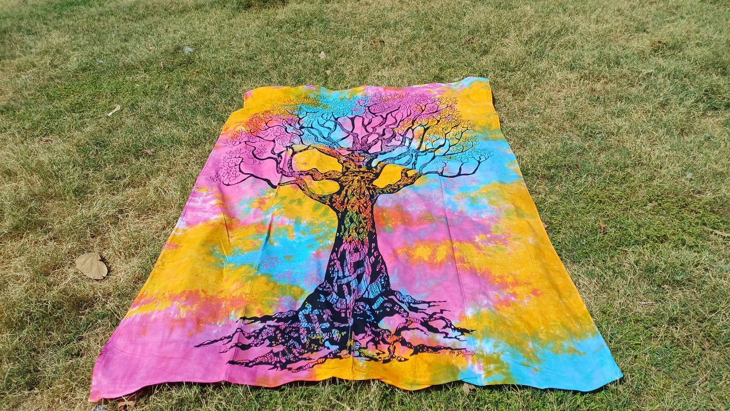 Natural Multi-Color Tie-Dyed Handprinted Tree of Life Rainbow Tapestry,Living Room Decor,Spiritual Wall Hanging,Zen Meditation Wall Art