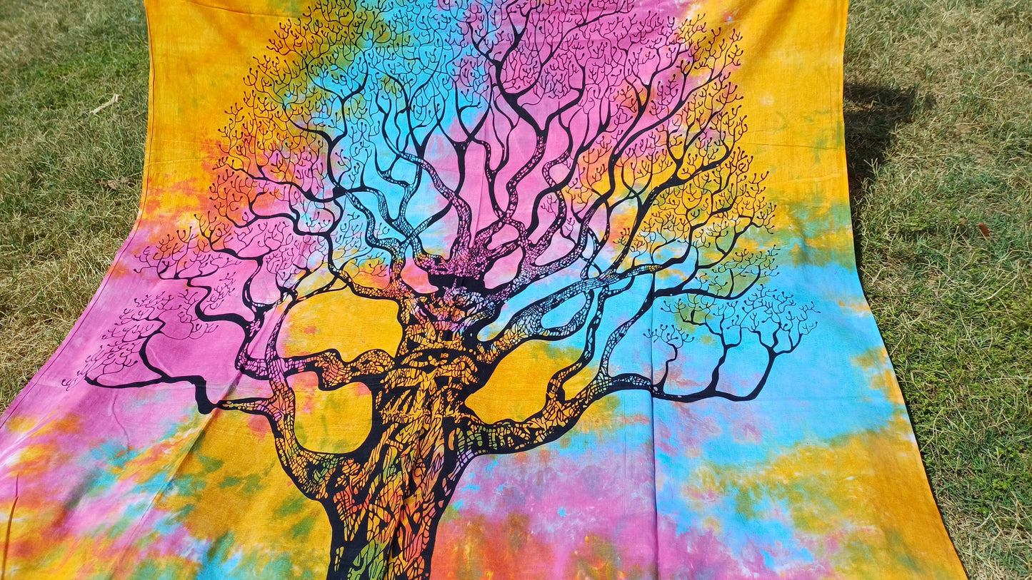 Natural Multi-Color Tie-Dyed Handprinted Tree of Life Rainbow Tapestry,Living Room Decor,Spiritual Wall Hanging,Zen Meditation Wall Art