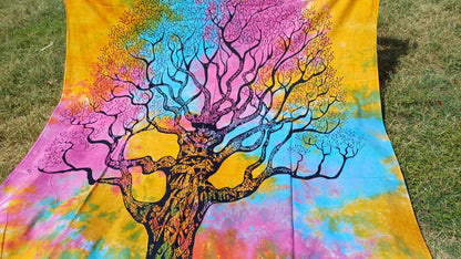 Natural Multi-Color Tie-Dyed Handprinted Tree of Life Rainbow Tapestry,Living Room Decor,Spiritual Wall Hanging,Zen Meditation Wall Art