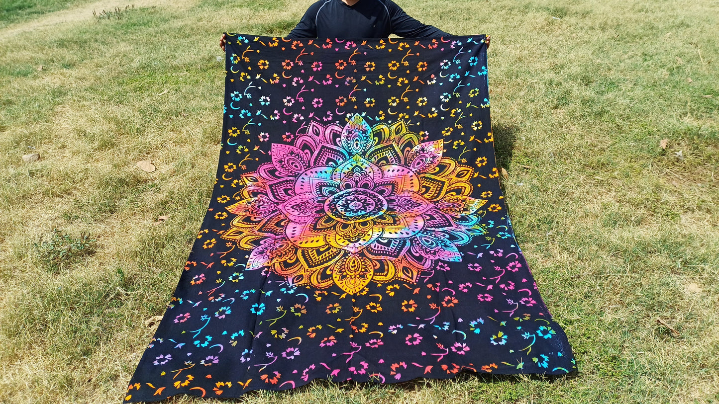 Natural Multi-Color Tie-Dyed Handprinted Mandala Tapestry,Living Room Decor,Spiritual Wall Hanging,Zen Meditation Wall Art,Gypsy Beachthrow