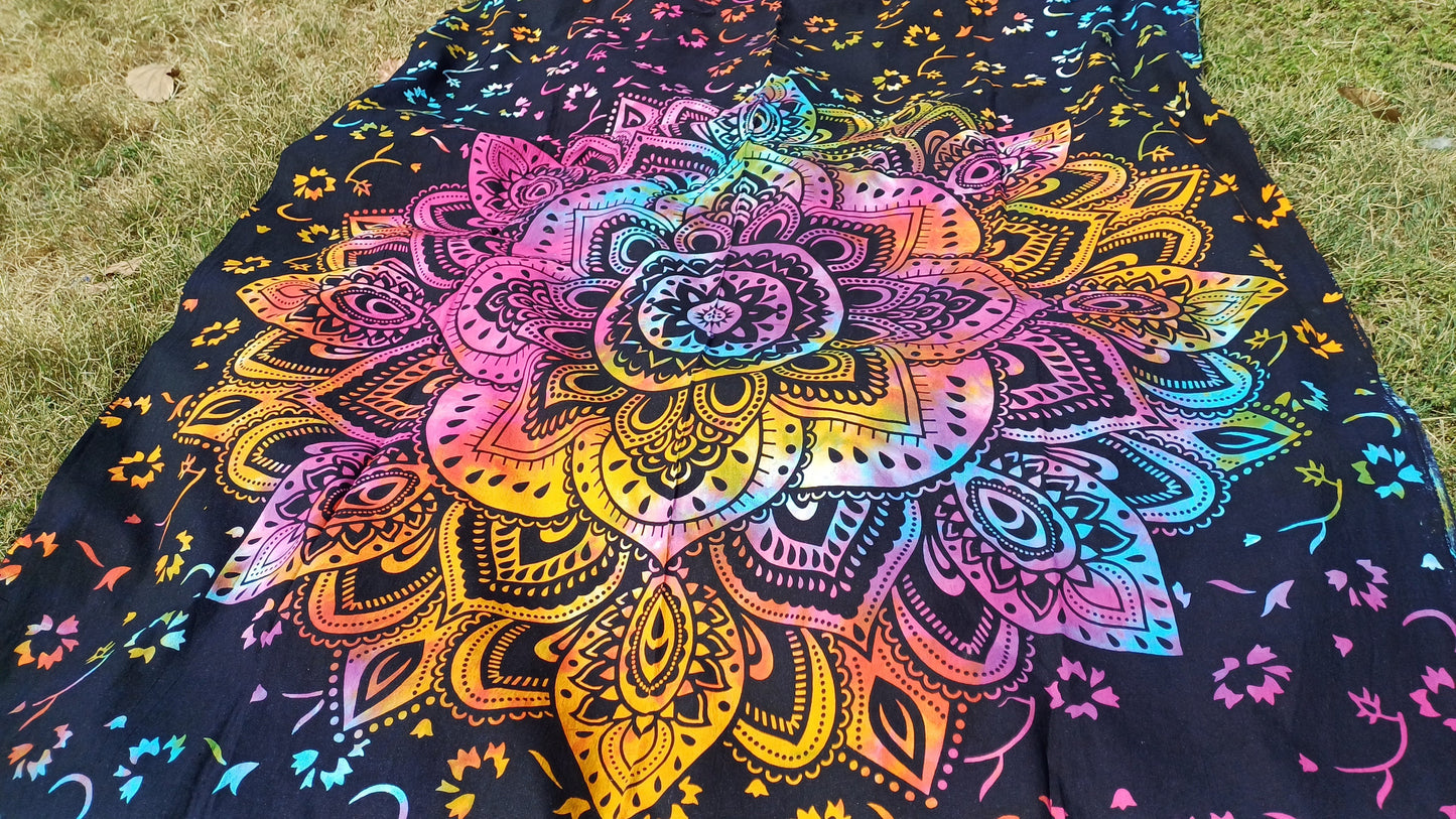 Natural Multi-Color Tie-Dyed Handprinted Mandala Tapestry,Living Room Decor,Spiritual Wall Hanging,Zen Meditation Wall Art,Gypsy Beachthrow