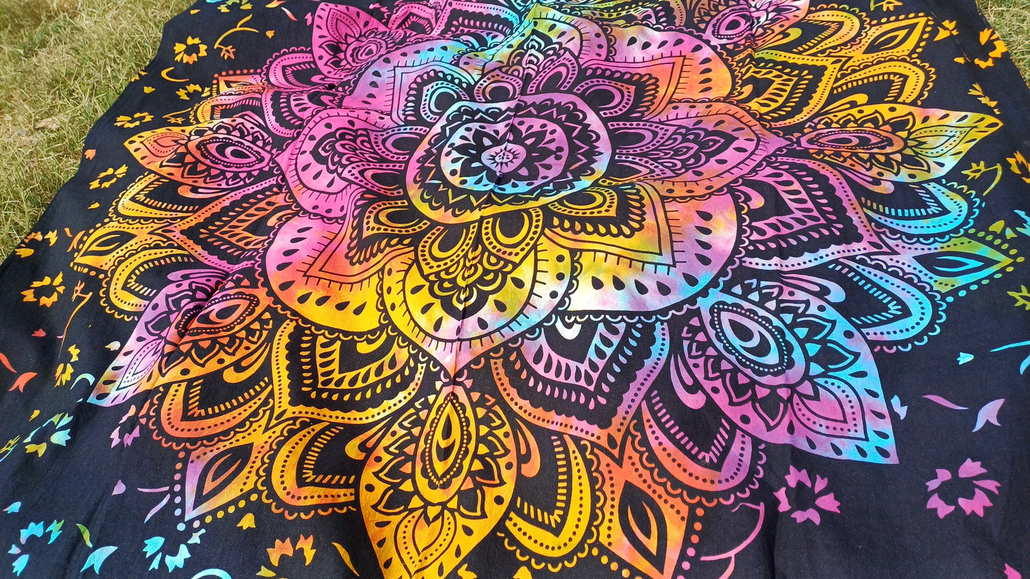Natural Multi-Color Tie-Dyed Handprinted Mandala Tapestry,Living Room Decor,Spiritual Wall Hanging,Zen Meditation Wall Art,Gypsy Beachthrow